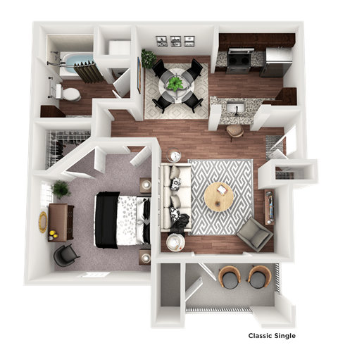Floor plan for 1 bed, 1 bath, 736 sqft